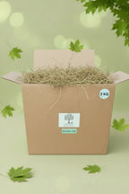 Box of Meadow Hay with pale green background and falling leaves
