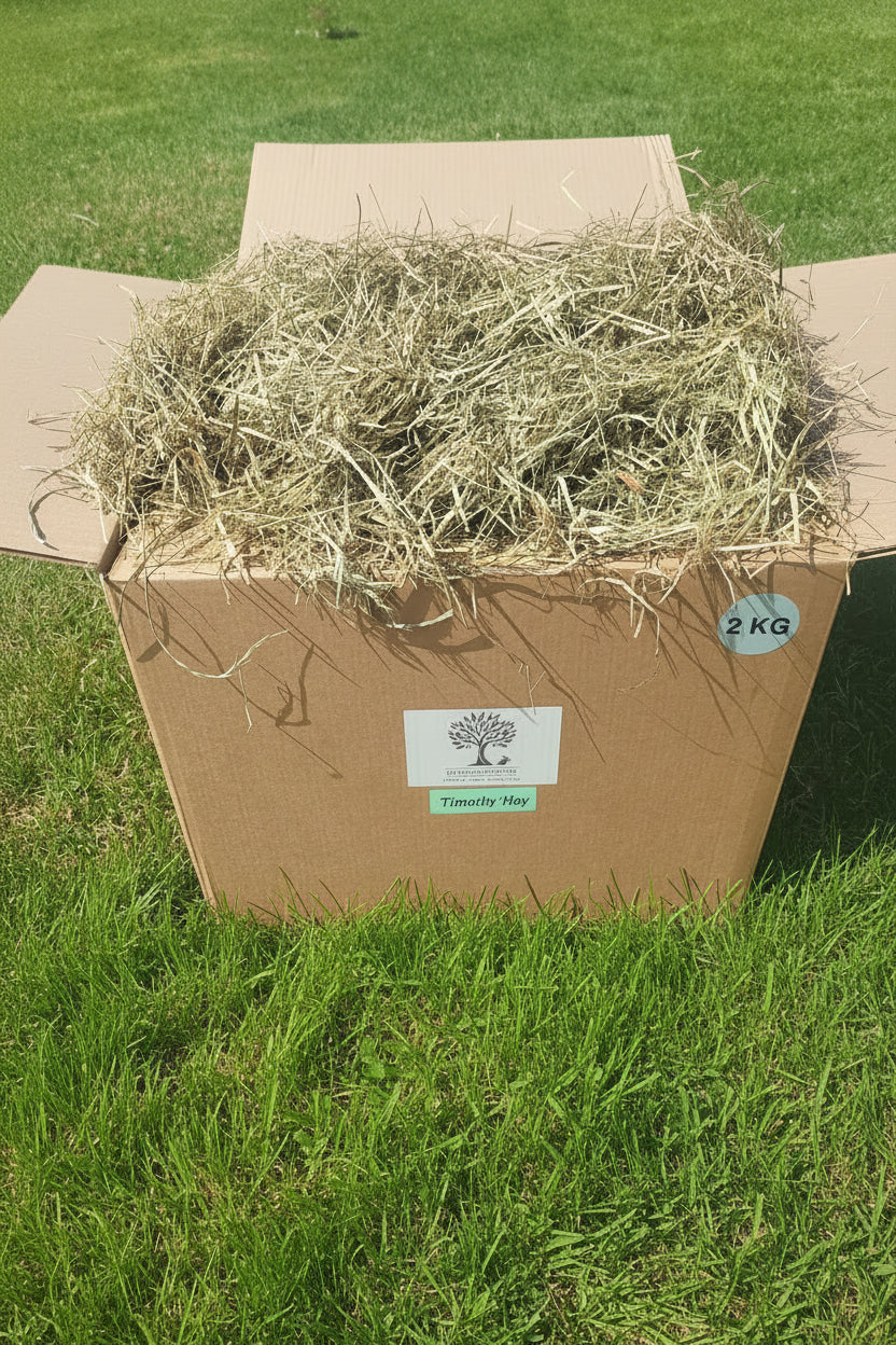 Box containing Timothy Hay placed on grass